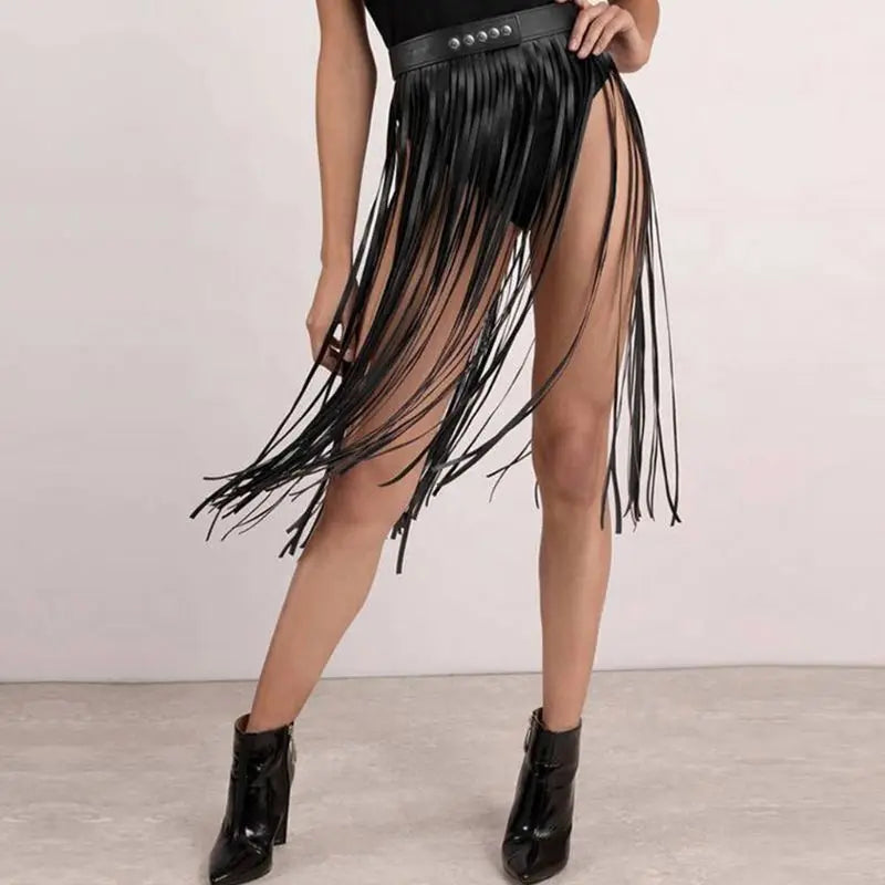 Womens High Waist Faux Leather Tassels Skirt