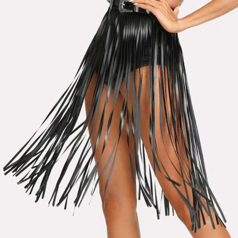 Womens High Waist Faux Leather Tassels Skirt